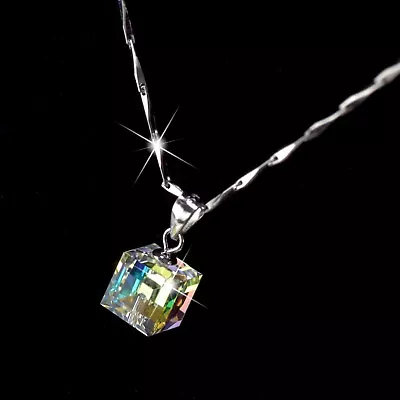 925 Sterling Silver Made With Swarovski Crystal AB Square Cube Pendant Necklace • £23.17