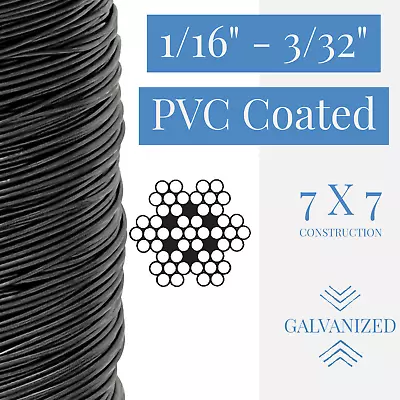 1/16  To 3/32  PVC Coated Black Color Galvanized Cable 7x7 Strand Aircraft Cable • $12.95