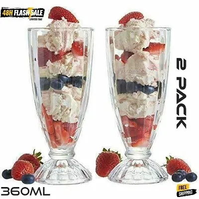 2x Milkshake Glasses Knickerbocker Glory Ice Cream Sundae Dessert American 360ml • £9.99