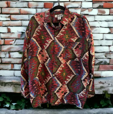 Vintage JAB 100% Silk Men’s Large Red Button Up Long Sleeve Shirt Aztec Print • $39.99