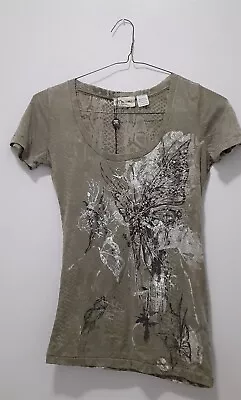 MISS ME Olive Deep Scoop Neck Beaded Sheer Short Sleeve Top-NWT- Size S • $29.99