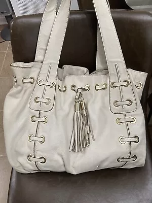 Michael Kors Large Off White Leather Tote Bag Astor Grommet W/ Tassel  • $45