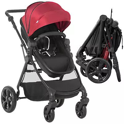 HOMCOM 2 In 1 Pushchair Stroller W/ Reversible Seat Single Hand Foldable Red • £124.99