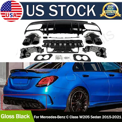 C43 Style Rear Diffuser + Round Black Exhaust Tips For 2015-2021 Benz W205 Sedan • $284.86