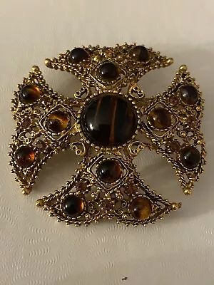 Vtg LISNER Pin Brooch 2  Gold Tone Dome Shape Maltese Cross Cats Eye Amber Stone • $31.99