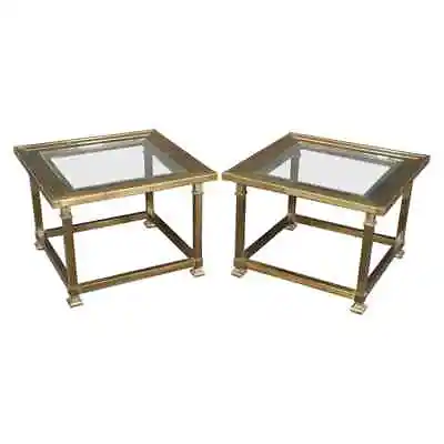 Pair Of Square Brass And Glass Top Mastercraft End Tables Side Tables • $1750