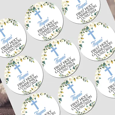 Personalised First Holy Communion Stickers For Party Bags Blue Floral Cross • £3.99