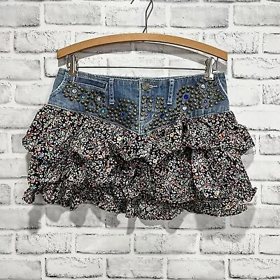 EXPRESS Y2K Denim Floral Ruffle Micro Mini Skirt Bling & Studs Sz 4 • $26.99