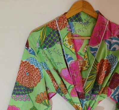 $42.89 • Buy Screen Print Kimono Dress 100% Cotton Woman Bathrobe Long Gown Sleepwear Indian