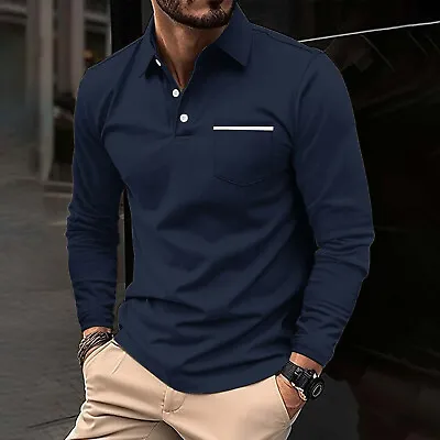 Men's Casual Long Sleeve Stand Collar Polo Shirt Slim Fit Business With Pockets • $22.95