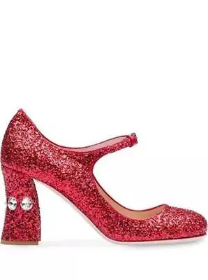 NWOB Miu Miu Cherry Red Glitter/ Sequin Mary Jane Heels EUR 38 $780 • $265