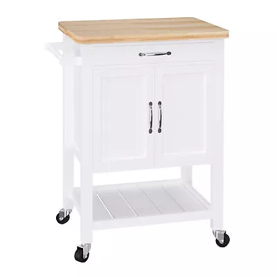 HOMCOM Kitchen Island With Drawer White Oak Colour Rubber Wood Top Trolley • £80.95