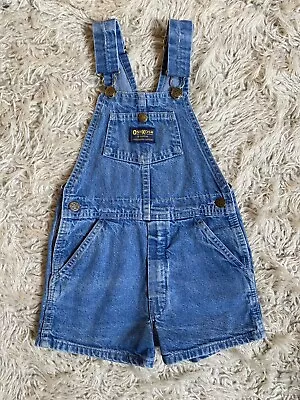 OshKosh Bgosh Blue Denim Overalls Shorts Kid Size 7 Vintage Faded Bottom Vestbak • $59