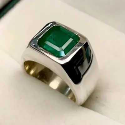 Natural Deep Green Emerald Mens Ring Sterling Silver 925 Ring Men Zamurd Ring • £233.24