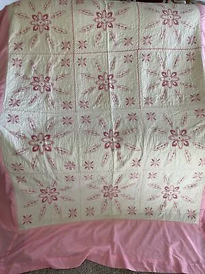 Vintage Hand Embroidered Hand Quilted Pink Quilt With Dust Ruffle • $60