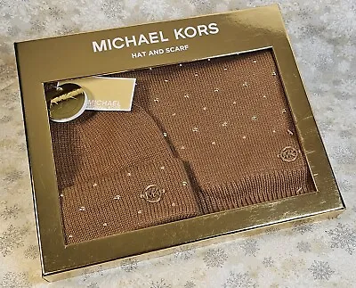 Michael Kors Ribbed Hat & Scarf Boxed Set Caramel Brown Gold Accents SHIPS FREE • $58.77