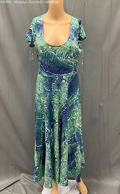 Chaps Green/Blue Short Sleeve Scoop Neck Tropical Foliage Maxi Dress - Size L • $14.99