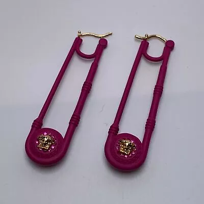 VERSACE Bright Pink & Gold Vibrant Coin Drop Safety Pin Style Earrings NEW • £110