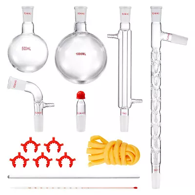 VEVOR Lab Glassware Distillation Kit 1000ml 3.3 Boro 14 Pcs Glassware Equipment • £55.19