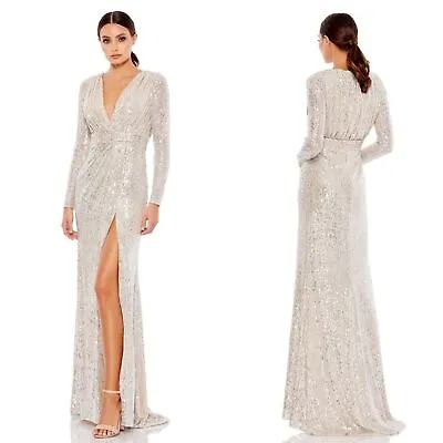 NWT Mac Duggal Sequined Embroidered Long Sleeve Maxi Dress Gown High Slit 14 • $300