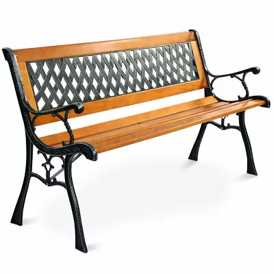 49 1/2  Patio Park Garden Bench Porch Path Chair Outdoor Deck Cast Iron Hardwood • $129.98