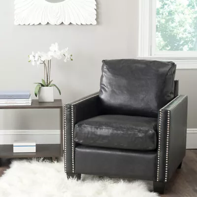 SAFAVIEH Horace Leather Club Chair Silver Nail Head | Antique Black | • $505.99