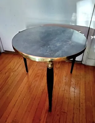 Vintage Mid Century Walnut Brass & Faux Marble Round Tripod Cocktail Side Table  • $120