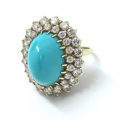 Vintage Natural  Turquoise  18K Yellow Gold Cocktail Halo 2.80CT Diamond Ring • $6969.18