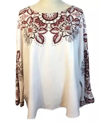 Desigual Size XL 16 White Burgundy Black Silver Studded Long Slv Boho Top Blouse • $39.95