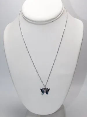 B139-vintage Necklace~silver Tone~butterfly Pendant~blue Foil?~18  • $7.50