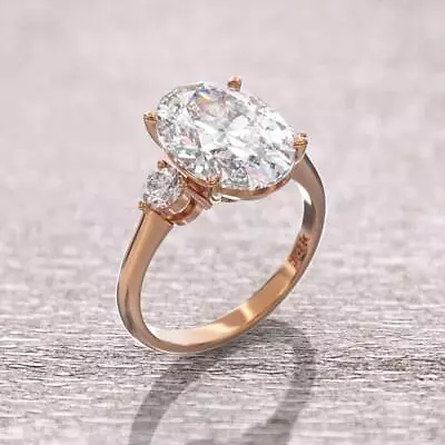 14k Gold 3 Ct Oval 3 Stone Diamond Best Engagement Ring & 0.30 Ct Round Diamond • $375