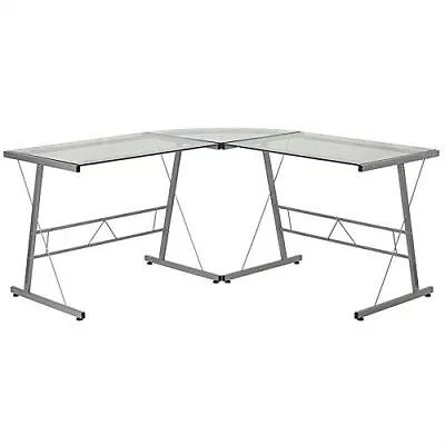 Modern Silver Metal L-Shaped Desk With Glass Top And Floor Glides • $519.31