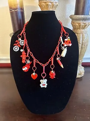 Vintage 80s Plastic Bell Charm Necklace (flocked Teddy Bear) Red Chain • $79.99