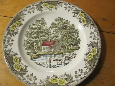 2  Vintage Royal China Fair Oaks Dinner Plate 10” Yellow Farm Scene • $14