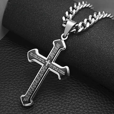 Mens Cross Necklace Stainless Steel Lord's Prayer Large Pendant 7mm Cuban Chain • $10.99