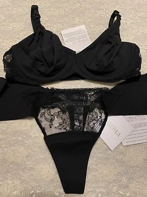 La Perla Shape Allure Collection 34B XS Bra Thong Panty Set Black Chantilly Lace • $179.99