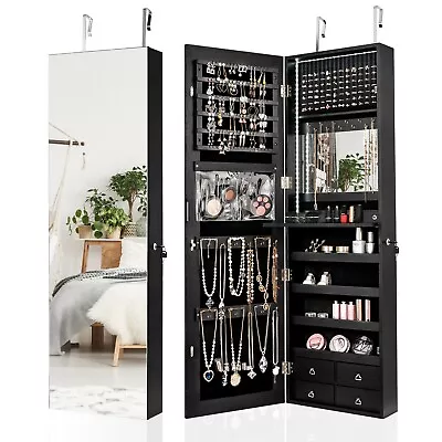 LED Lighted Mirror Jewelry Cabinet Wall/Door Mounted Jewelry Armoire  Organizer • £79.95