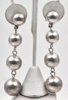 Vintage Sterling Silver MEXICO 4 Ball Ladies Dangle Earrings 3.35  Long 14-18mm • $75