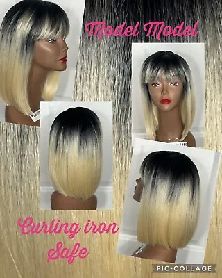 Model Model Synthetic Wig Heat Friendly Blond Black Roots Bob Bangs SZ Avg 1-1 • $18.99