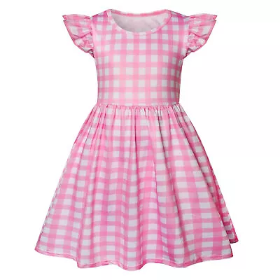 Kids Girls Barbie Costume Pink Tartan Princess Party Fancy Dress Puffed Sleeve • £10.44