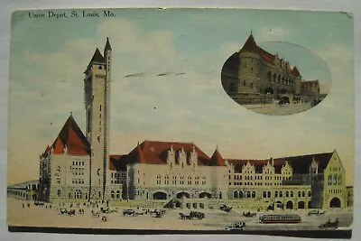 St. Louis MO Union Station Old 1909 Missouri Railroad Postcard With Inset • $1.99