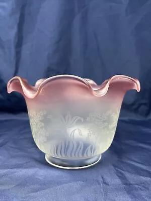 Vintage VIANNE Etched Satin Glass Pink Ruffled Top Lamp Shade 4” Fitter FRANCE • $59.99