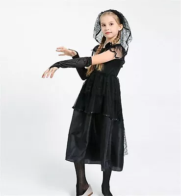 Kid Girl Children Witches Vampire Black Dress Hair Veil Party Halloween Costume • £27.92