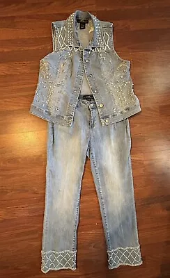 Midnight Velvet Size 10 Medium Rhinestone Pearl Embellished Denim Jeans Vest Set • $45