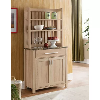 Weathered White & Faux Marble Yellow Baker's Rack Cabinet • $308.82