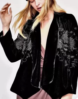 ZARA Black Velvet Embroidered Kimono Size S Floral Blazer Jacket • $65.67