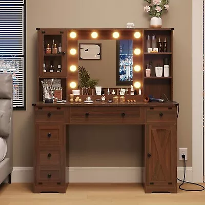 Makeup Vanity Desk With Mirror&Lights Farmhouse Vanity Table W/Charging Station • $249.97
