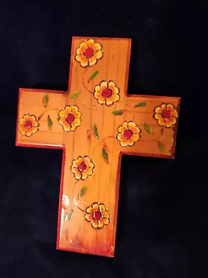 Wooden Hand Carved And Painted Folk Art Cross Wall Art Floral  7.75  X 5.75  • $15.99