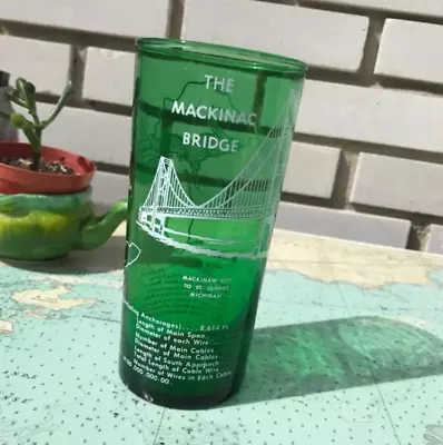 Vintage Tourism Mackinac Bridge Green Souvenir Glass • $13.11