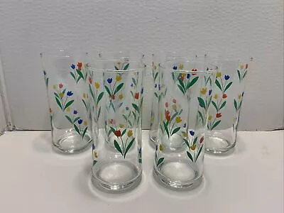 Vintage Libbey Tall Glass Tumblers Flower Set Of 6 14oz 6.5” Tall • $24.99